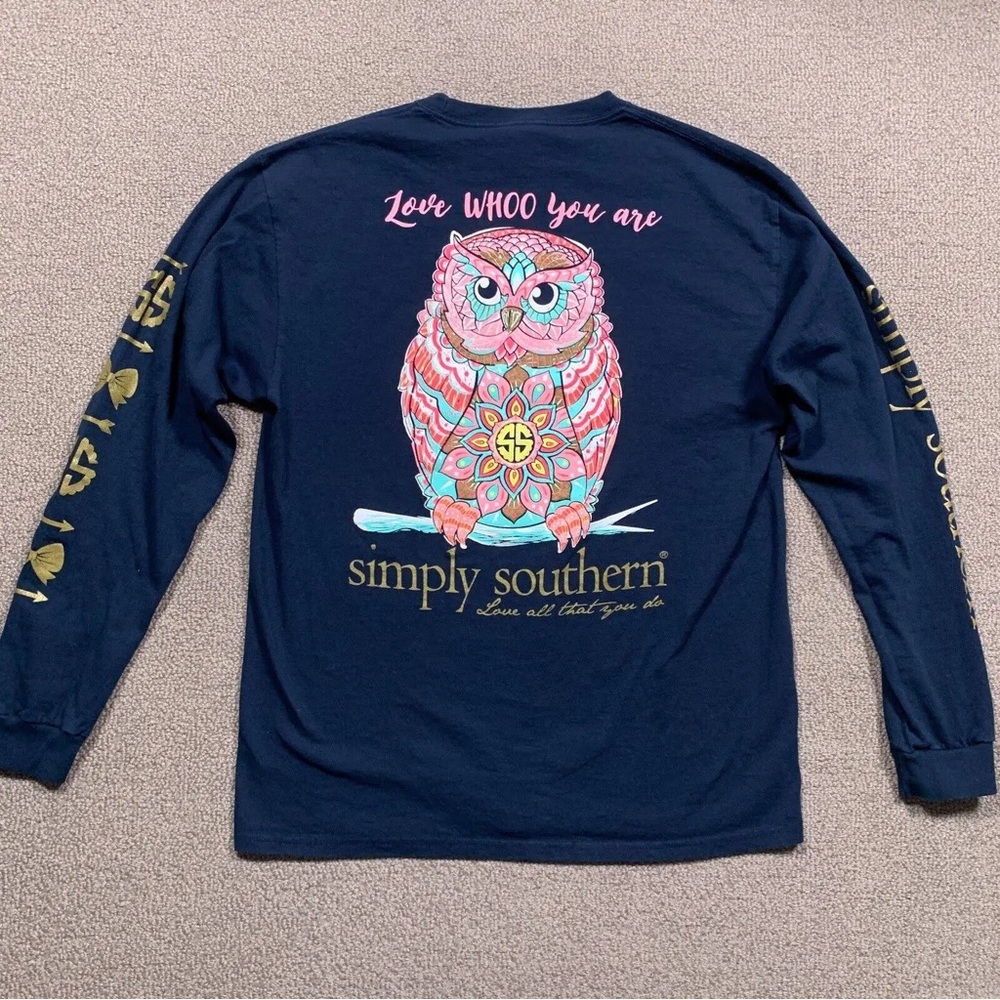 Simply Southern Women's SMALL Owl Long Sleeved Tee Navy Blue